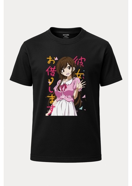 Chizuru Ichinose Kanojo Baskılı Loose Fit Bisiklet Yaka Tişört Siyah