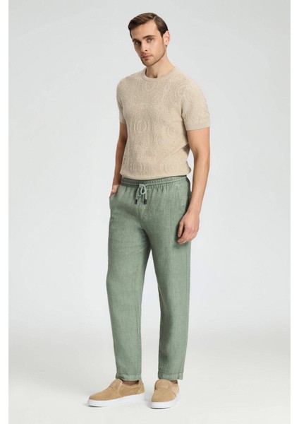 Saf Keten Bağcıklı Haki Pantolon fiyatları