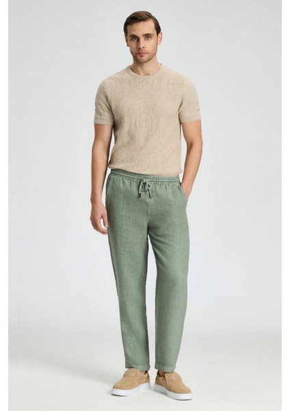 Saf Keten Bağcıklı Haki Pantolon modelleri