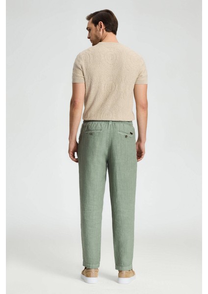 Saf Keten Bağcıklı Haki Pantolon indirimleri