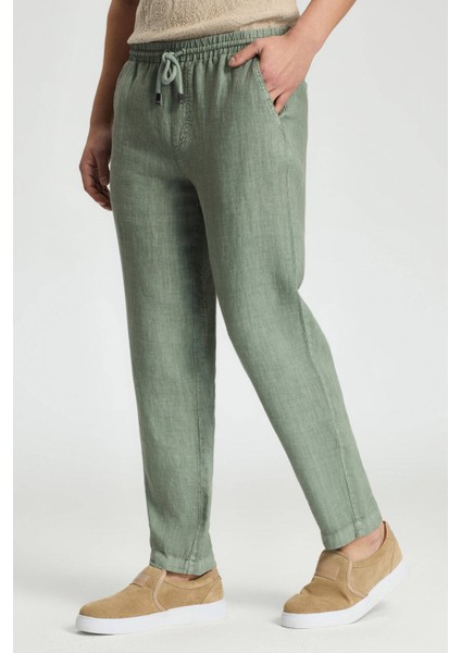 Saf Keten Bağcıklı Haki Pantolon