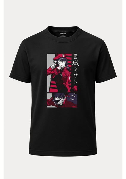 Misato Katsuragi Evangelion Baskılı Loose Fit Bisiklet Yaka Tişört Siyah