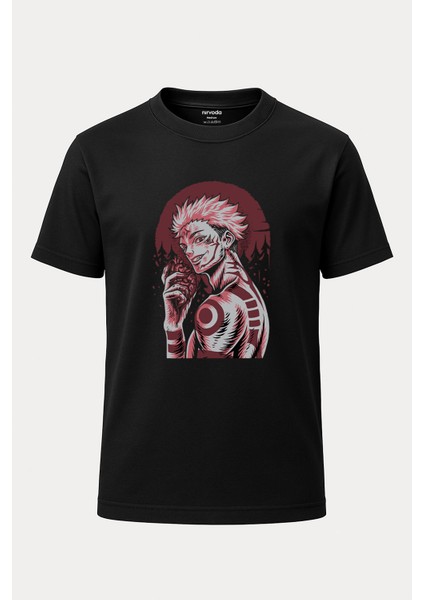 Sukuna Jujutsu Kaisen Baskılı Loose Fit Bisiklet Yaka Unisex Tişört Siyah