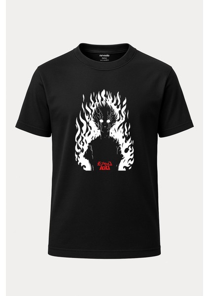 Teruki Hanazawa Mob Psycho 100 Baskılı Loose Fit Bisiklet Yaka Unisex Tişört Siyah