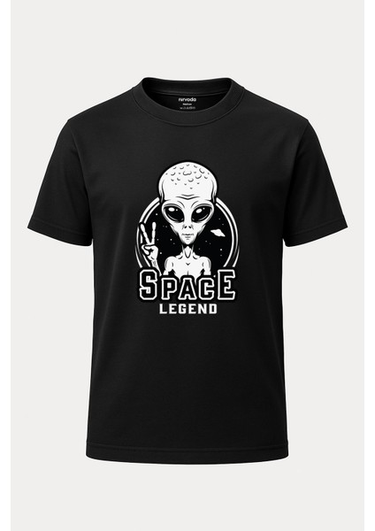 Space Legend Uzaylı Baskılı Loose Fit Bisiklet Yaka Unisex Tişört Siyah