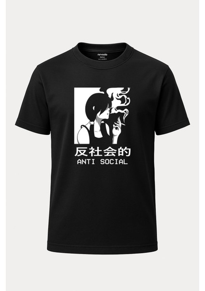 Shounen Anti Social Anime Baskılı Loose Fit Bisiklet Yaka Unisex Tişört Siyah