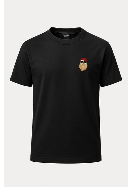Sakallı Şapkalı Kurukafa Baskılı Loose Fit Bisiklet Yaka Unisex Tişört