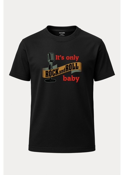 Rock And Roll Baby Rock Müzik Baskılı Loose Fit Bisiklet Yaka Unisex Tişört