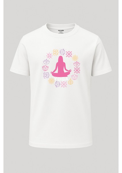 Pembe Yoga Baskılı Loose Fit Bisiklet Yaka Unisex Tişört