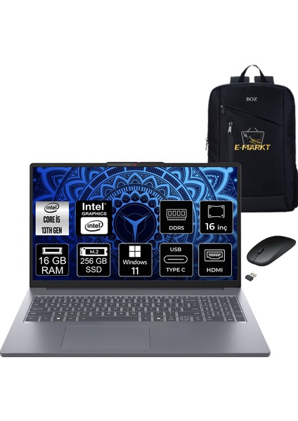 Ideapad Slim 3 16IRH10 Intel Core I5 13420H 16GB Ram 256GB SSD Windows 11 Pro 16" Fhd Taşınabilir Bilgisayar + Boz Çanta , Mouse