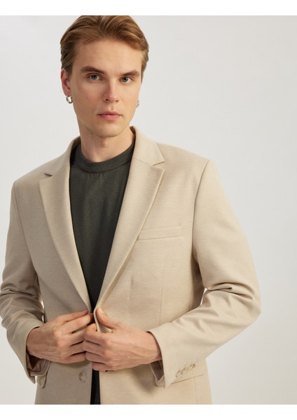 Yeni Sezon Düğmeli Cepli Viskon Karışımlı Pike Kumaş Mono Yaka Slim Fit Blazer Ceket
