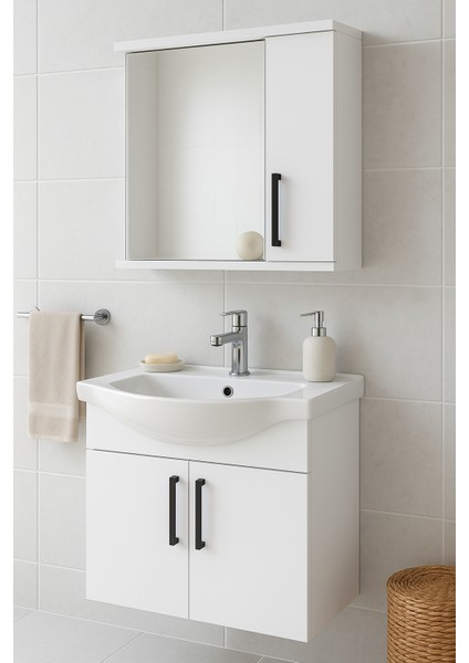 Lacrime 65 cm Beyaz Renkli Mdf, Oval Seramik Lavabolu, Alt ve Üst Dolaplı, Üst Dolap Aynalı, Banyo Dolabı Takımı modelleri
