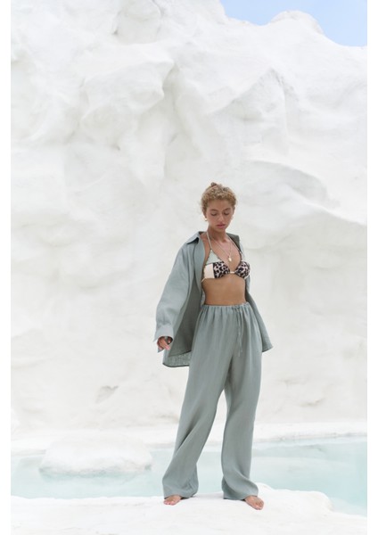 Jelsomina Oversize Mint Keten Gömlek Pantolon Takım