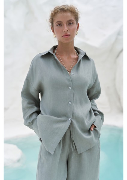 Jelsomina Oversize Mint Keten Gömlek Pantolon Takım