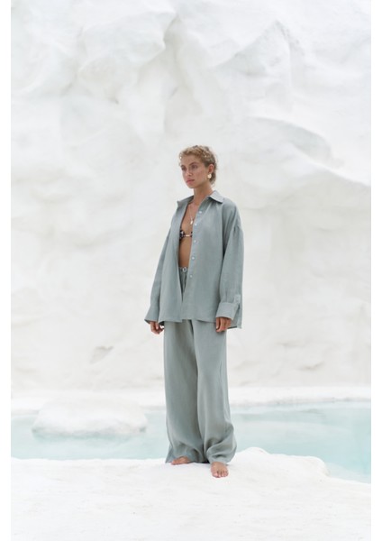 Jelsomina Oversize Mint Keten Gömlek Pantolon Takım