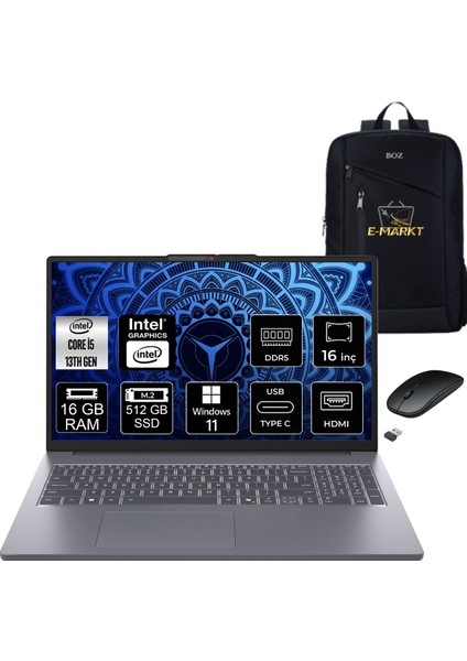 Ideapad Slim 3 16IRH10 Intel Core I5 13420H 16GB Ram 512GB SSD Windows 11 Pro 16" Fhd Taşınabilir Bilgisayar + Boz Çanta , Mouse
