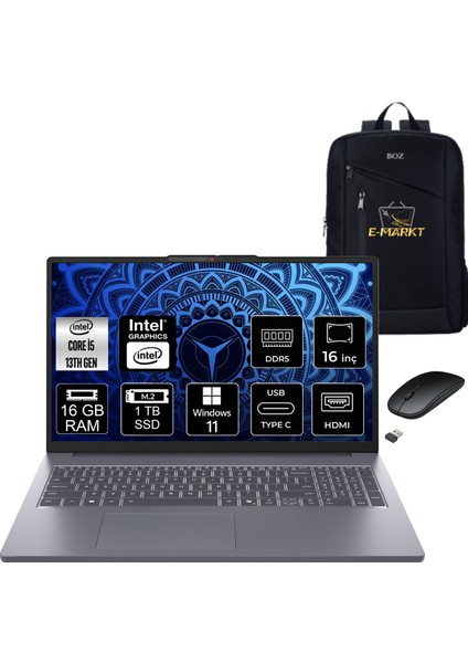 Ideapad Slim 3 16IRH10 Intel Core I5 13420H 16GB Ram 1tb SSD Windows 11 Pro 16" Fhd Taşınabilir Bilgisayar + Boz Çanta , Mouse