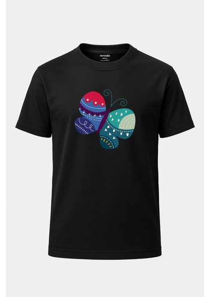 Motifli Renkli Kelebek Baskılı Loose Fit Bisiklet Yaka Unisex Tişört
