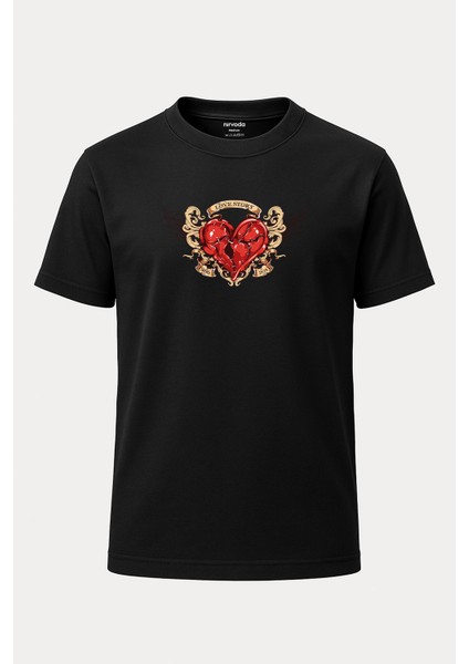 Love Story Kanatlı Kalp Baskılı Loose Fit Bisiklet Yaka Unisex Tişört