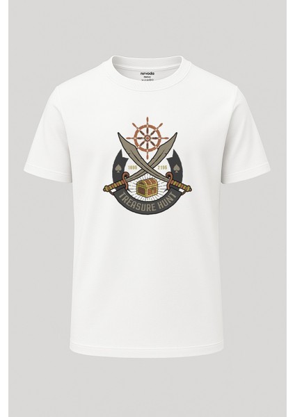 Korsan Kılıcı ve Hazine Baskılı Loose Fit Bisiklet Yaka Unisex Tişört