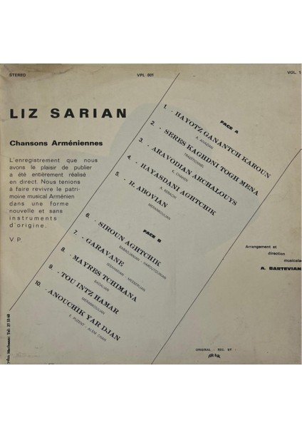 Liz Sarian - Chansons Armeniennes Lp fiyatları