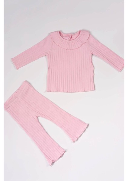 Fırfır Yakalı 2'li Kız Bebek Ribana Takım Pembe