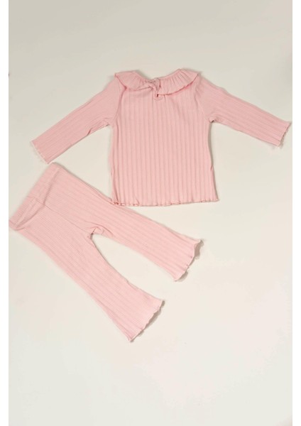 Fırfır Yakalı 2'li Kız Bebek Ribana Takım Pembe