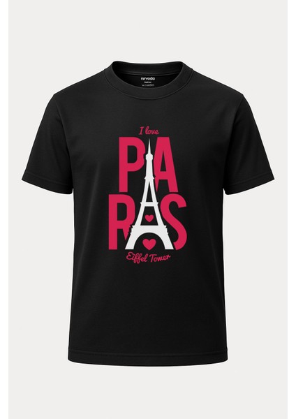 I Love Paris Eyfel Baskılı Loose Fit Bisiklet Yaka Unisex Tişört Siyah