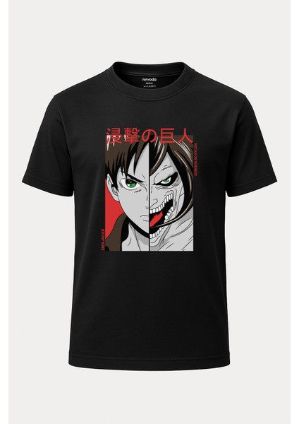 Eren Shingeki Attack On Titan Baskılı Loose Fit Bisiklet Yaka Unisex Tişört