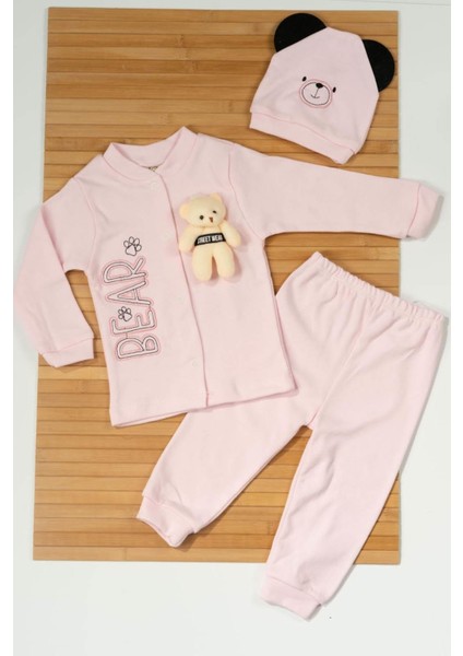 Peluş Ayıcık Aksesuarı ve Kulaklı Ayıcık Şapkasıyla 3'lü Erkek Bebek Takımı Pembe
