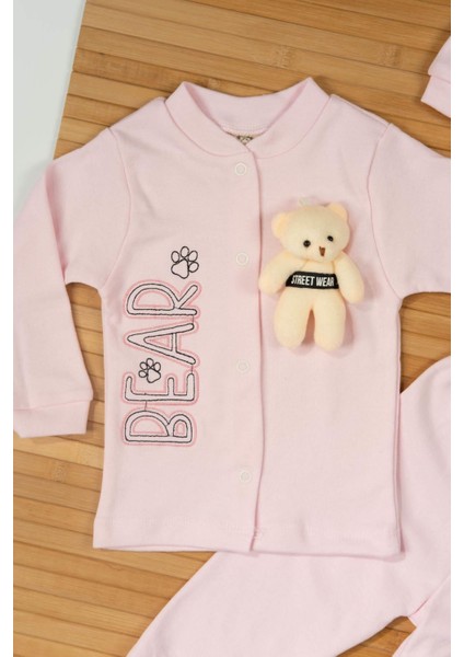 Peluş Ayıcık Aksesuarı ve Kulaklı Ayıcık Şapkasıyla 3'lü Erkek Bebek Takımı Pembe modelleri