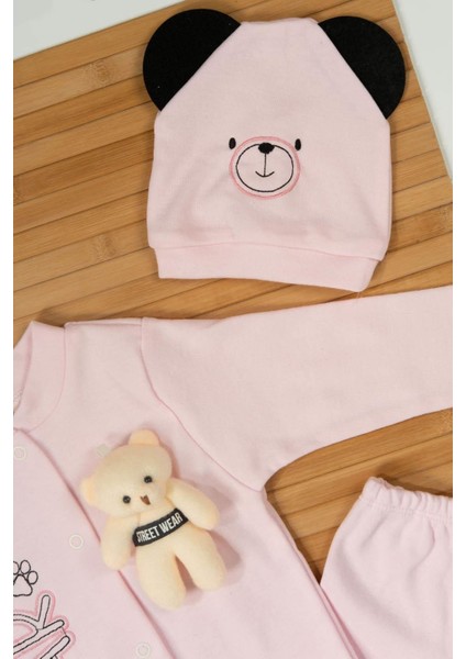 Peluş Ayıcık Aksesuarı ve Kulaklı Ayıcık Şapkasıyla 3'lü Erkek Bebek Takımı Pembe fırsatları