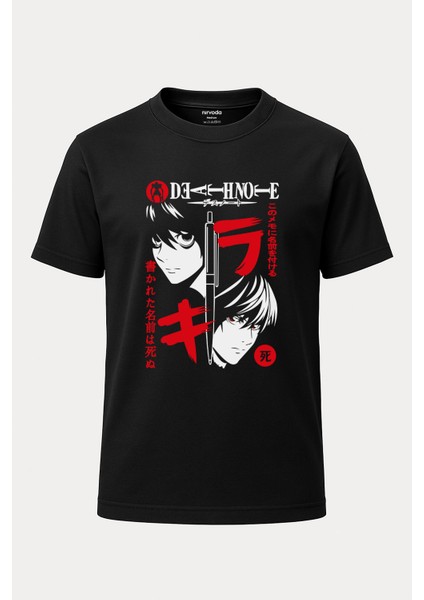 Death Note Kırmızı Baskılı Loose Fit Bisiklet Yaka Unisex Tişört Siyah