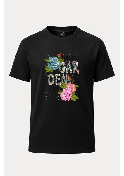 Vintage Garden Gül Baskılı Loose Fit Bisiklet Yaka Unisex Tişört Siyah