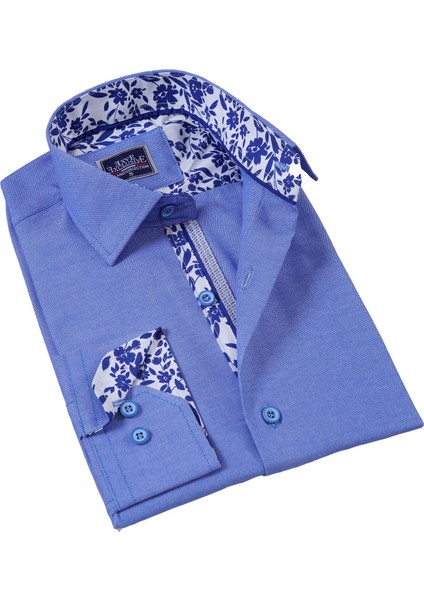 Mavi Yaka ve Manşet Içi Beyaz Mavi Yaprak Detaylı Slim Fit Erkek Gömlek