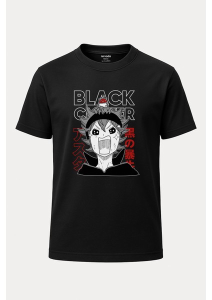 Asta Black Clover Manga Baskılı Loose Fit Bisiklet Yaka Unisex Tişört Siyah