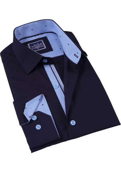 Lacivert Yaka ve Manşet Içi Mavi Desenli Slim Fit Erkek Gömlek