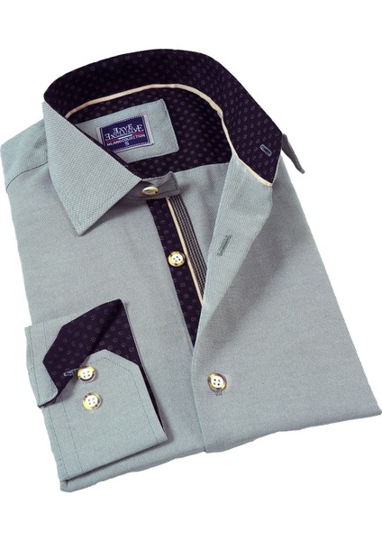 Su Yeşili Yaka ve Manşet Içi Lacivert Detaylı Oxford Slim Fit Erkek Gömlek