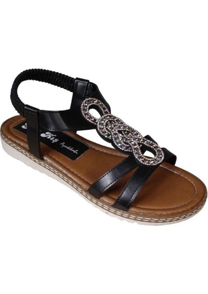 Yazkış Kadın Siyah Üzeri Taşlı Bileği Lastikli Düz Taban Sandalet
