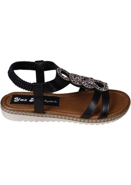 Yazkış Kadın Siyah Üzeri Taşlı Bileği Lastikli Düz Taban Sandalet fiyatları