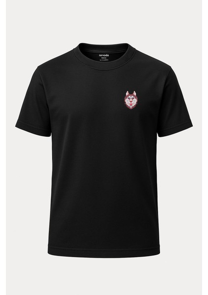 Motifli Husky Köpek Baskılı Loose Fit Bisiklet Yaka Unisex Tişört