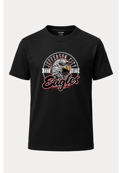 Jefferson Eagle Kartal Baskılı Loose Fit Bisiklet Yaka Unisex Tişört Siyah