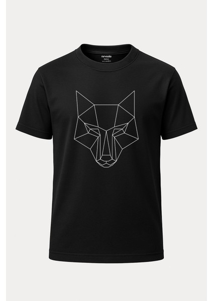 Geometrik Kurt Baskılı Loose Fit Bisiklet Yaka Unisex Tişört Siyah