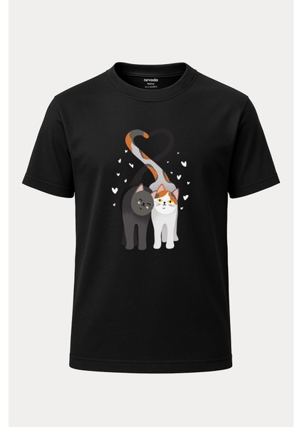 Sevgili Kediler Baskılı Loose Fit Bisiklet Yaka Unisex Tişört Siyah
