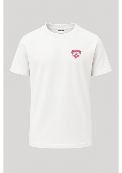 Pembe Kalpler Baskılı Loose Fit Bisiklet Yaka Unisex Tişört