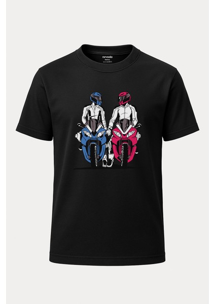 Motor Aşkı Motosiklet Baskılı Loose Fit Bisiklet Yaka Unisex Tişört