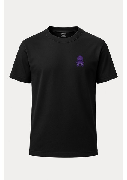 Mor Ahtapot Baskılı Loose Fit Bisiklet Yaka Unisex Tişört