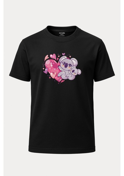 Kalp Koala Baskılı Loose Fit Bisiklet Yaka Unisex Tişört