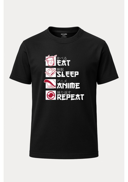 Eat Sleep Anime Baskılı Loose Fit Bisiklet Yaka Unisex Tişört Siyah