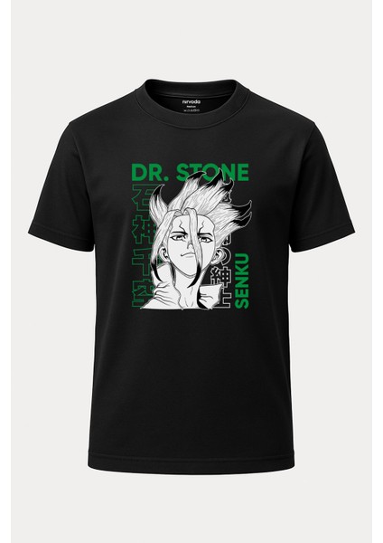 Dr. Stone Senku Baskılı Loose Fit Bisiklet Yaka Unisex Tişört Siyah Anime Manga